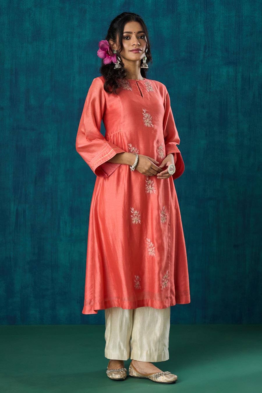 Peach Floral Embroidered Urvi Kurta Set