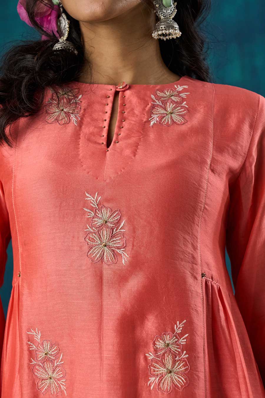 Peach Floral Embroidered Urvi Kurta Set