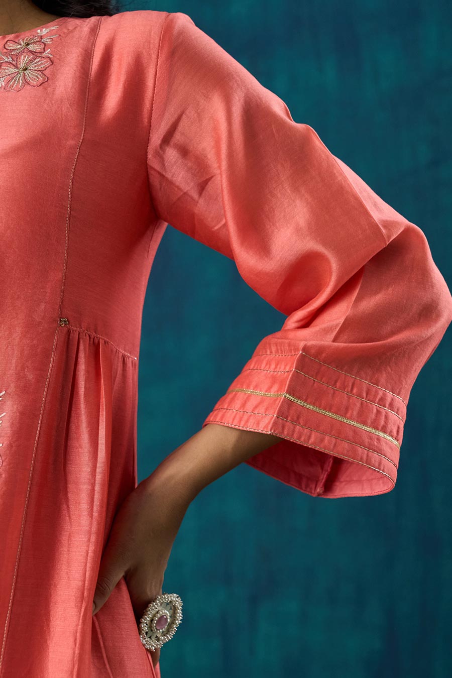 Peach Floral Embroidered Urvi Kurta Set