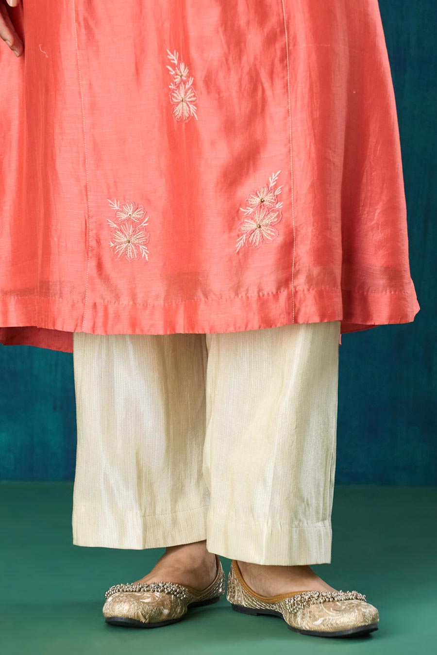 Peach Floral Embroidered Urvi Kurta Set
