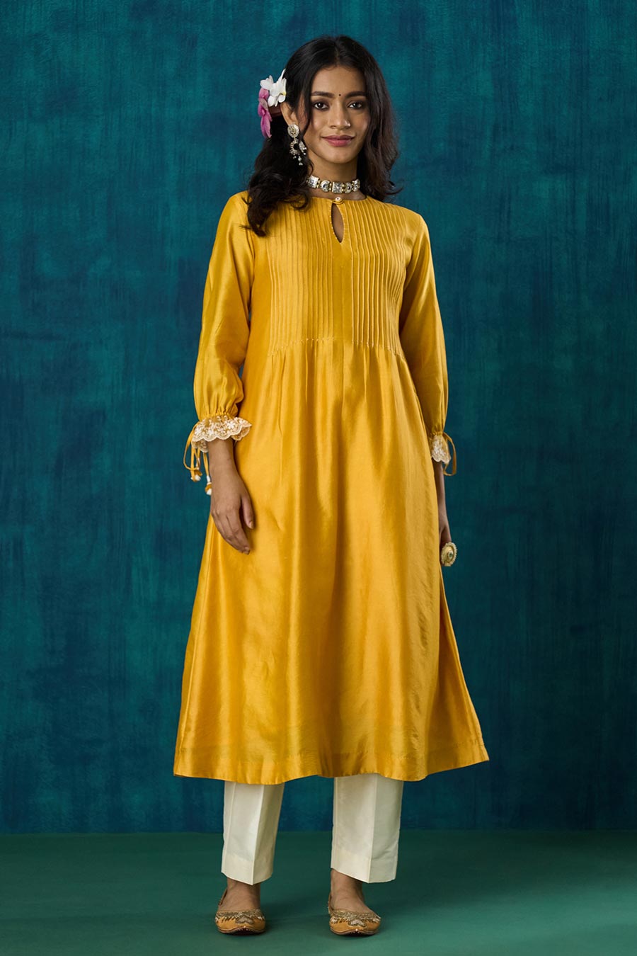 Mango Yellow Pintuck Amrai Kurta Set