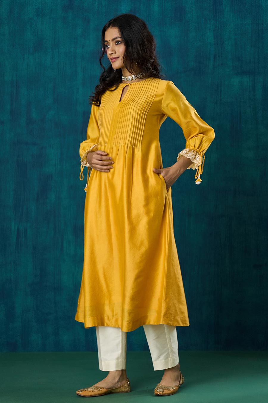 Mango Yellow Pintuck Amrai Kurta Set