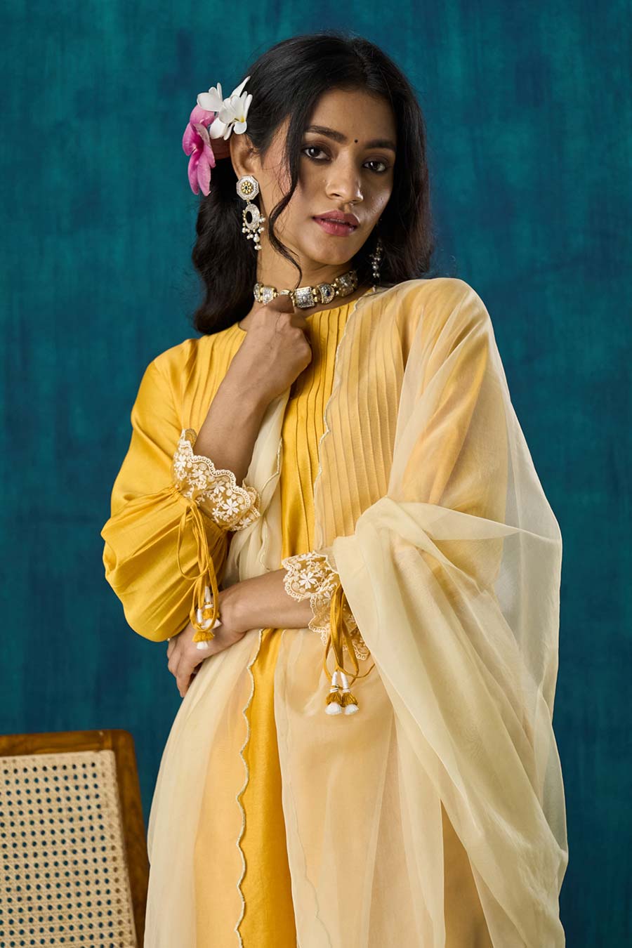 Mango Yellow Pintuck Amrai Kurta Set