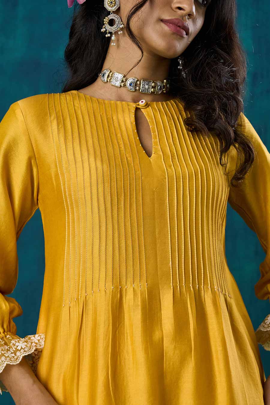 Mango Yellow Pintuck Amrai Kurta Set