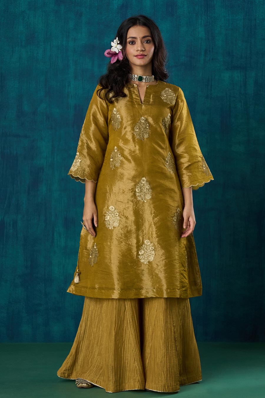 Mustard Floral Embroidered Suvarna Kurta Set