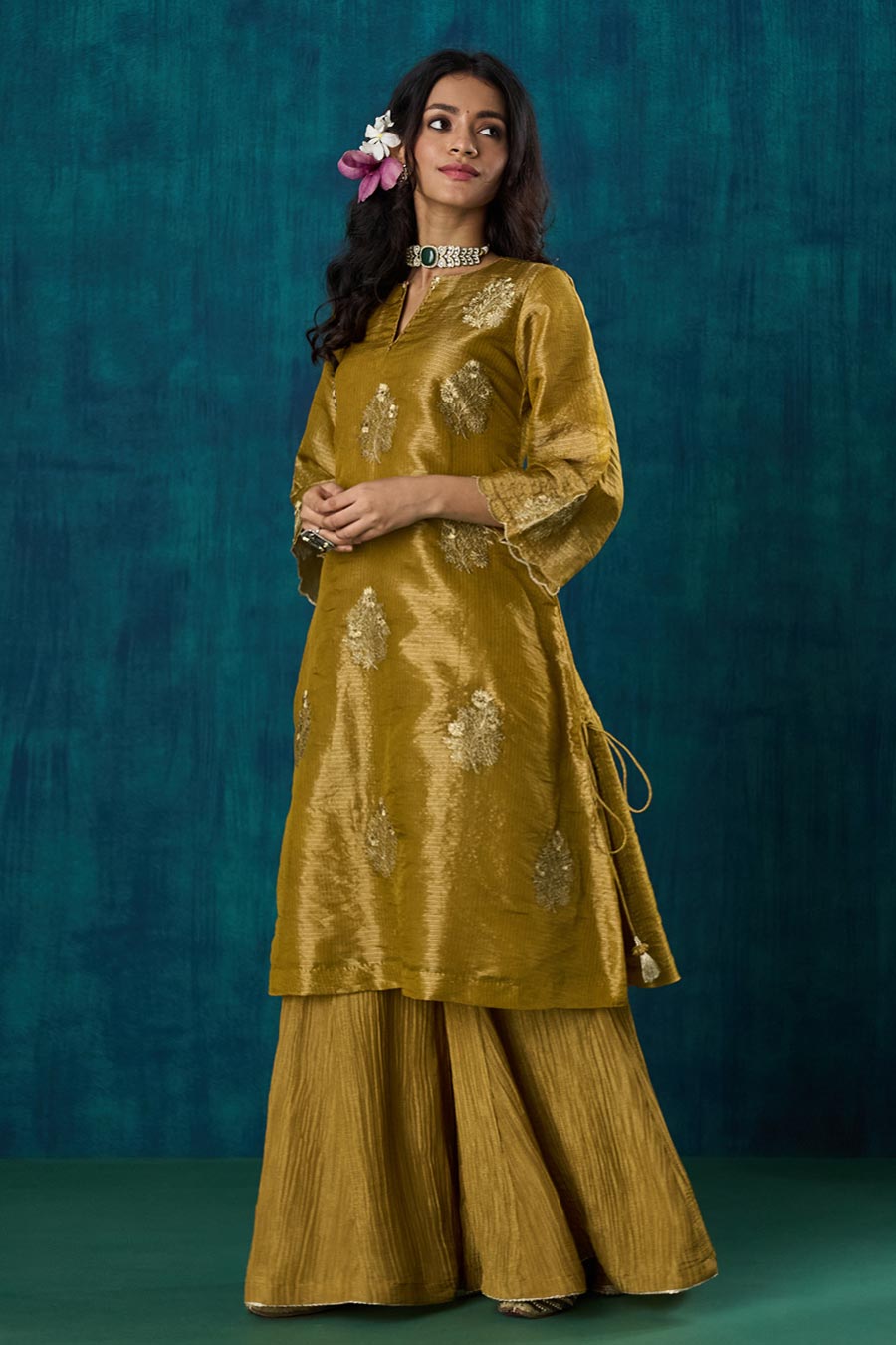 Mustard Floral Embroidered Suvarna Kurta Set