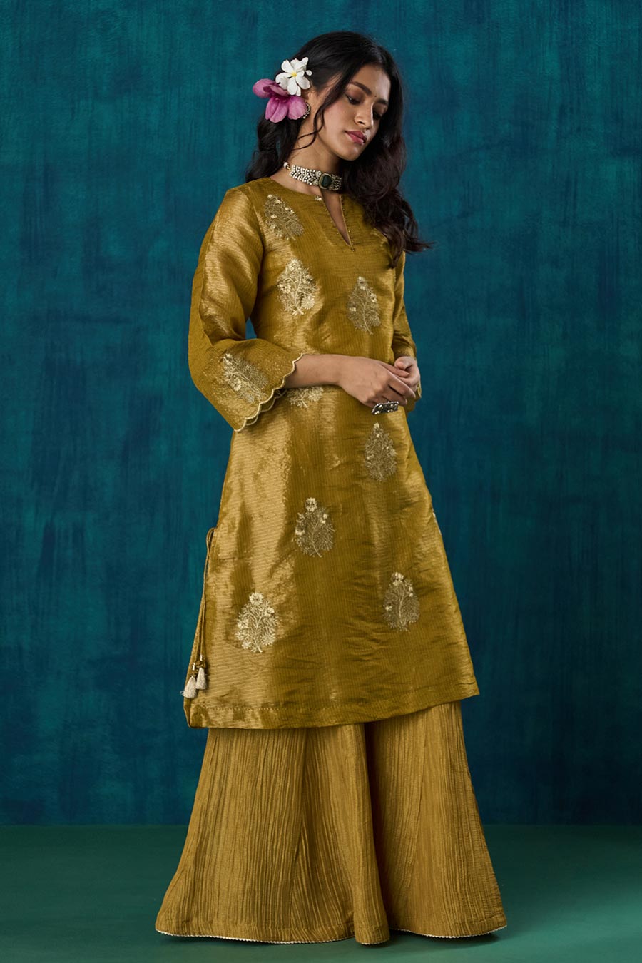 Mustard Floral Embroidered Suvarna Kurta Set