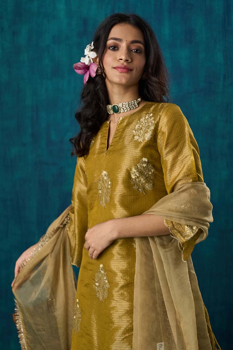 Mustard Floral Embroidered Suvarna Kurta Set