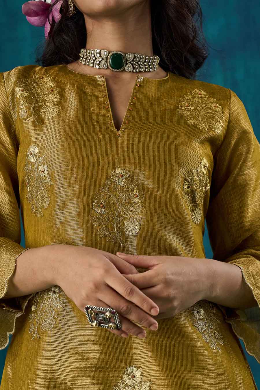 Mustard Floral Embroidered Suvarna Kurta Set