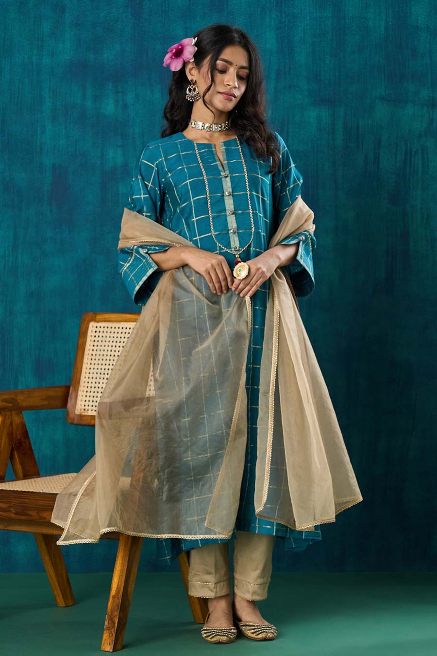 Turquoise Blue Checks Janaki Kurta Set