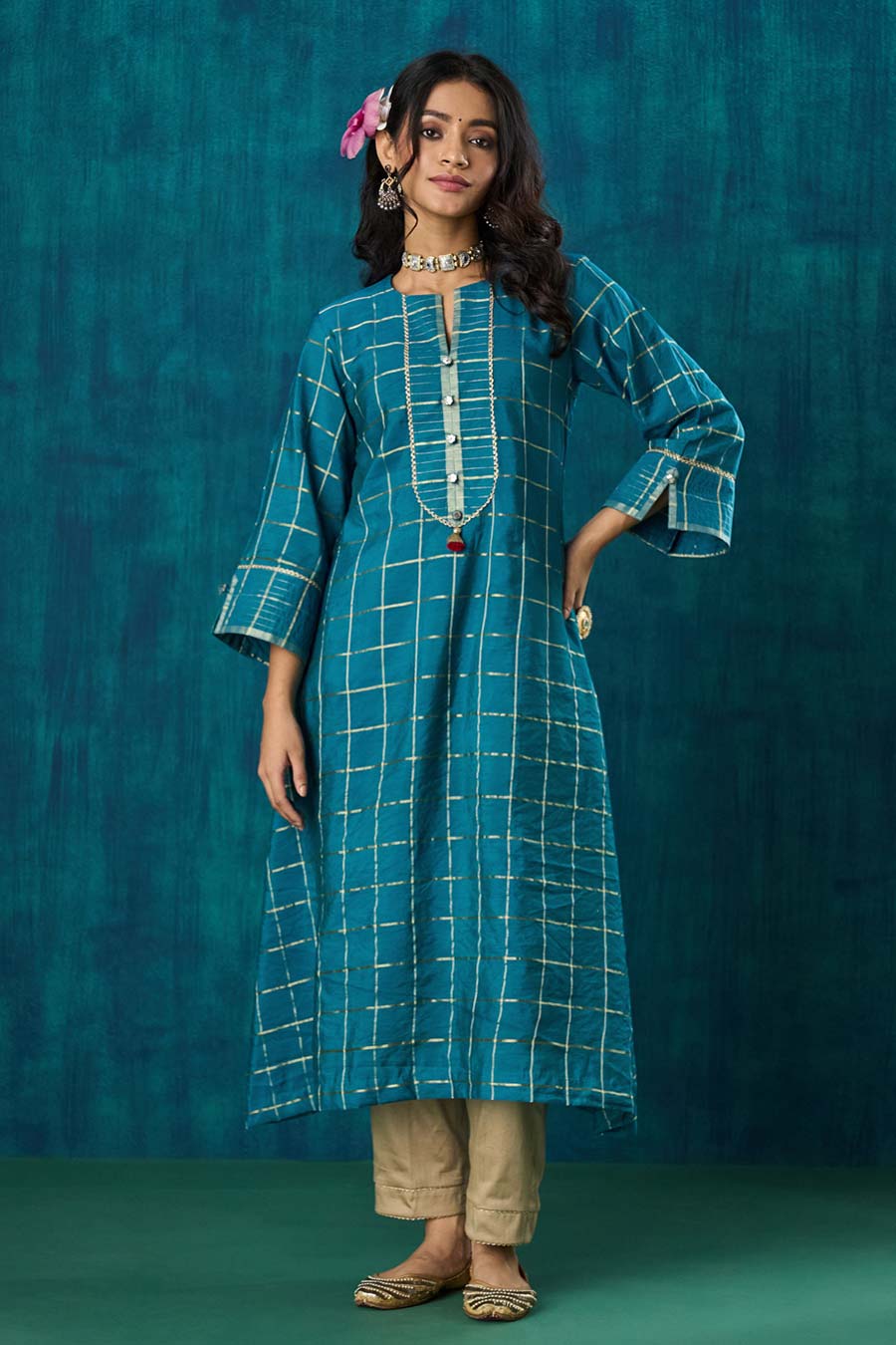 Turquoise Blue Checks Janaki Kurta Set