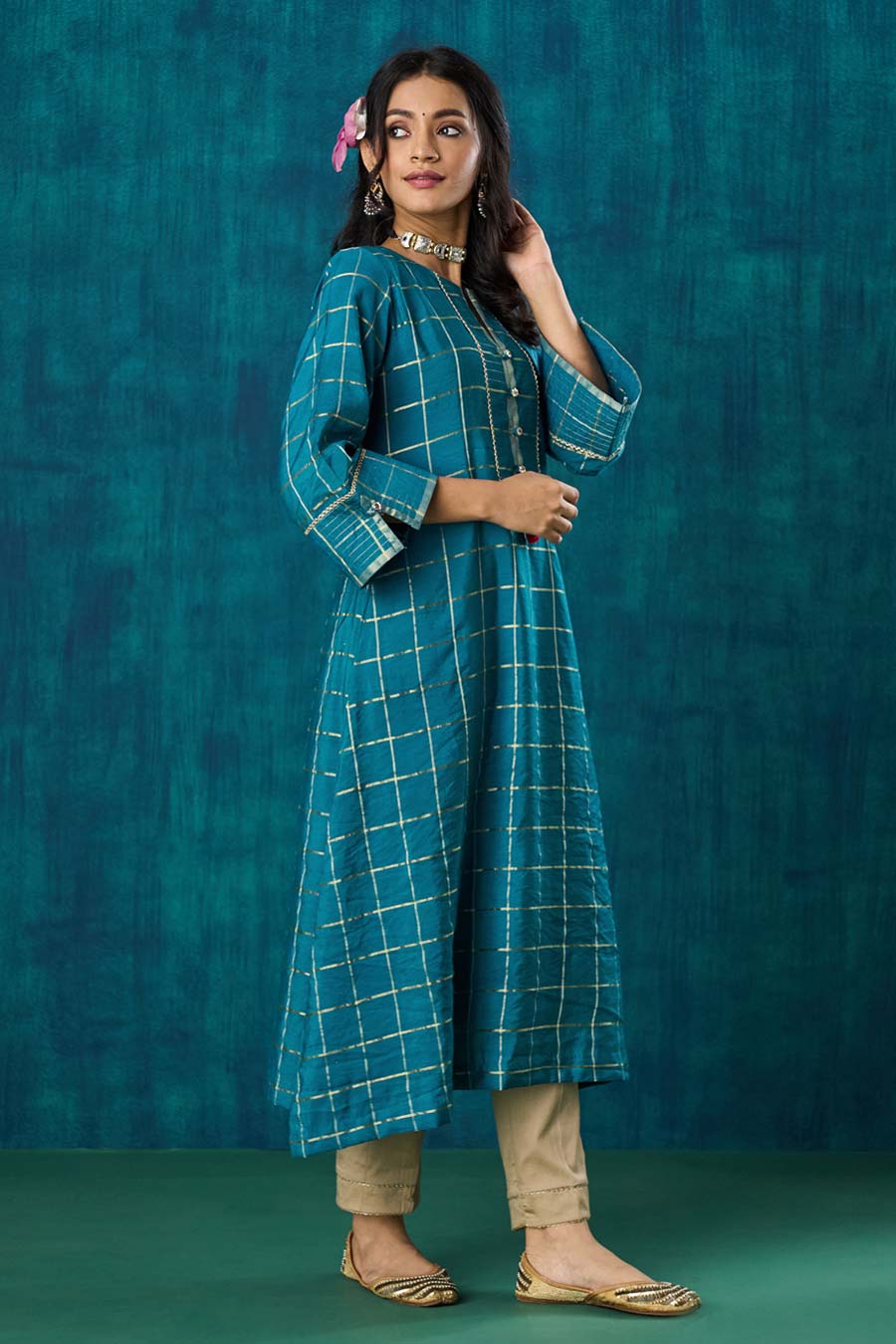 Turquoise Blue Checks Janaki Kurta Set