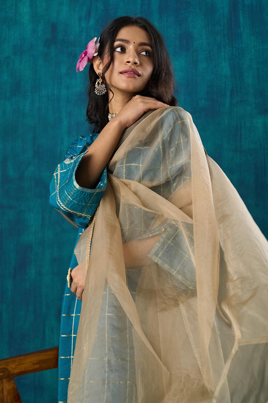 Turquoise Blue Checks Janaki Kurta Set