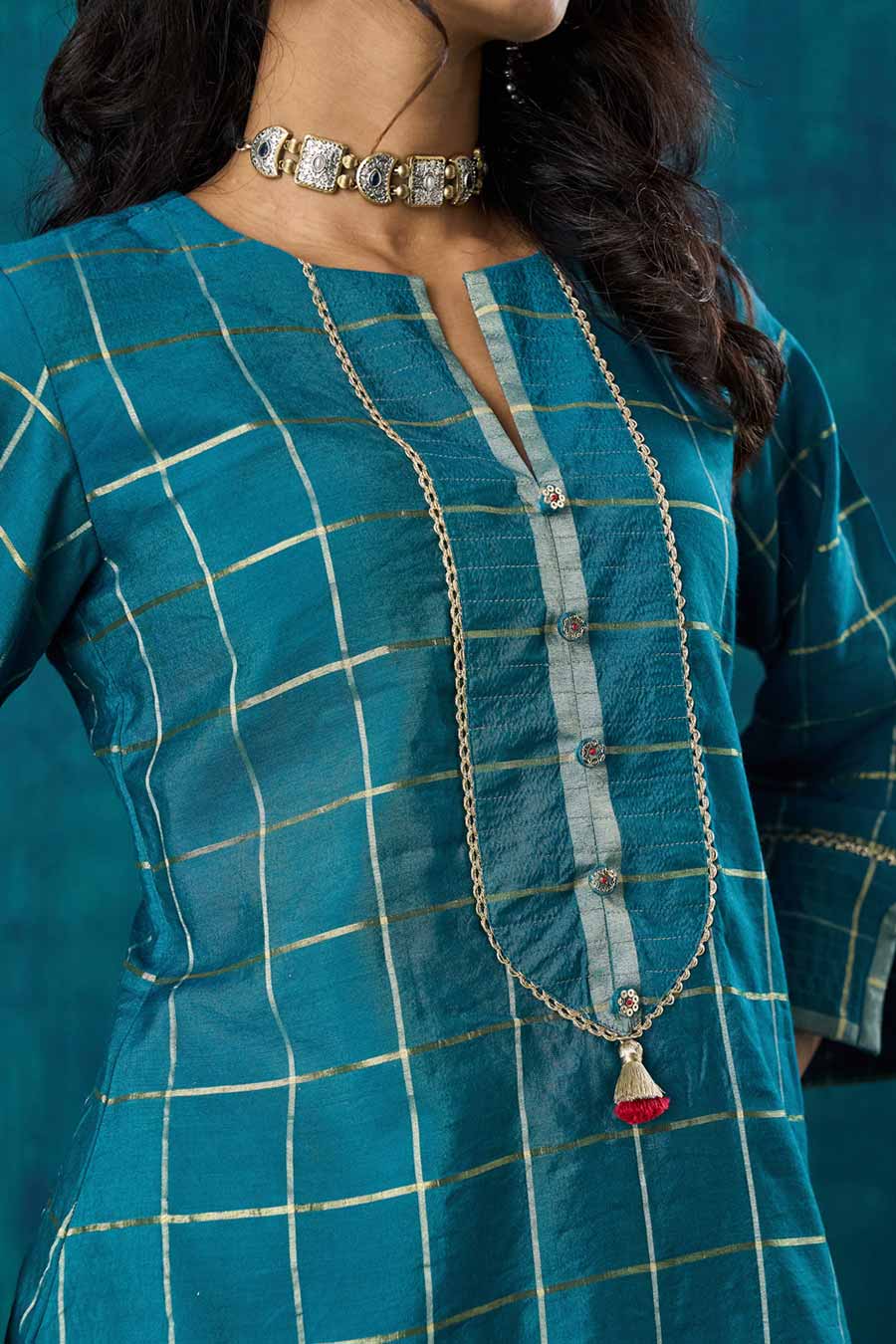 Turquoise Blue Checks Janaki Kurta Set