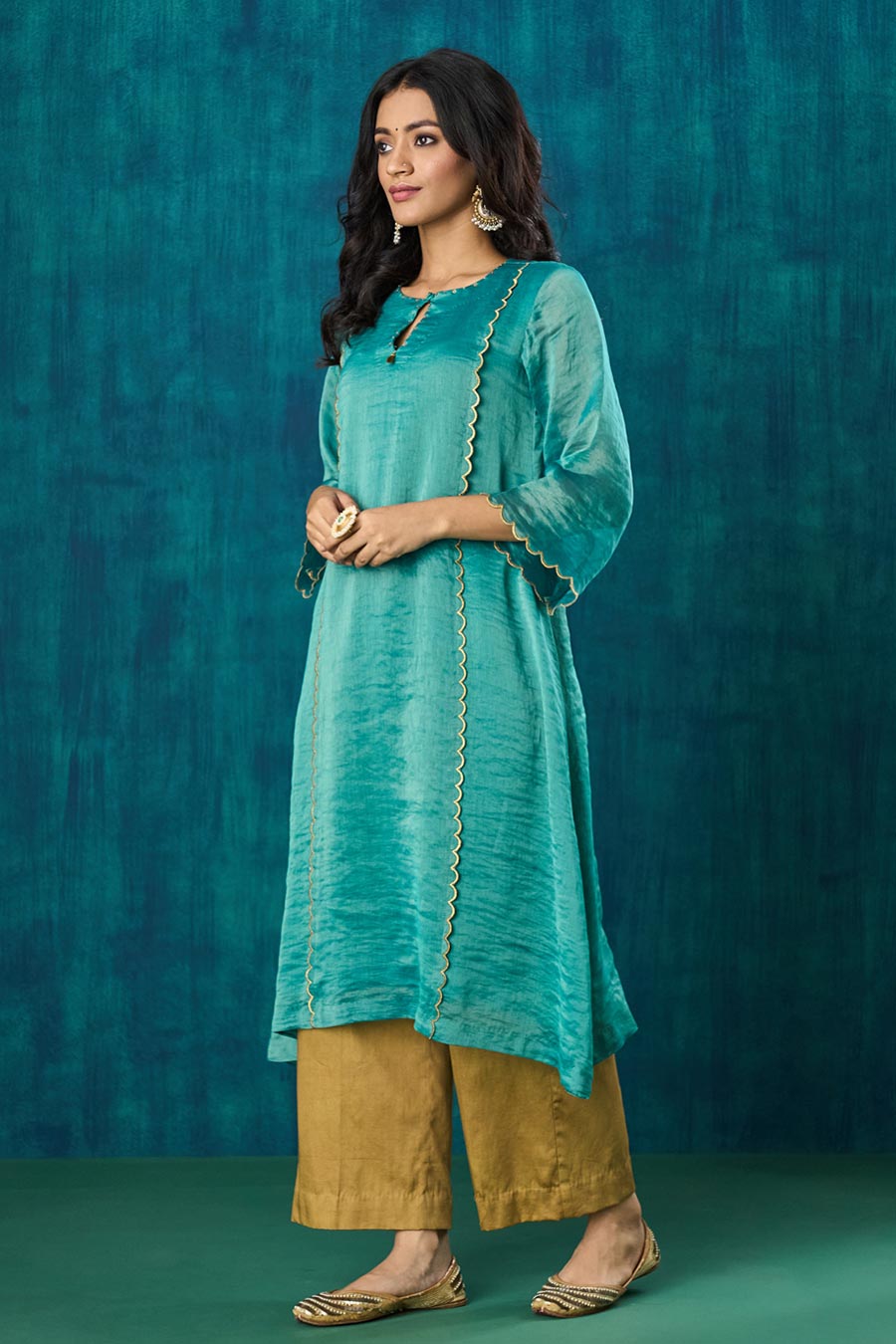 Teal Blue Zari Stripe Advika Kurta Set