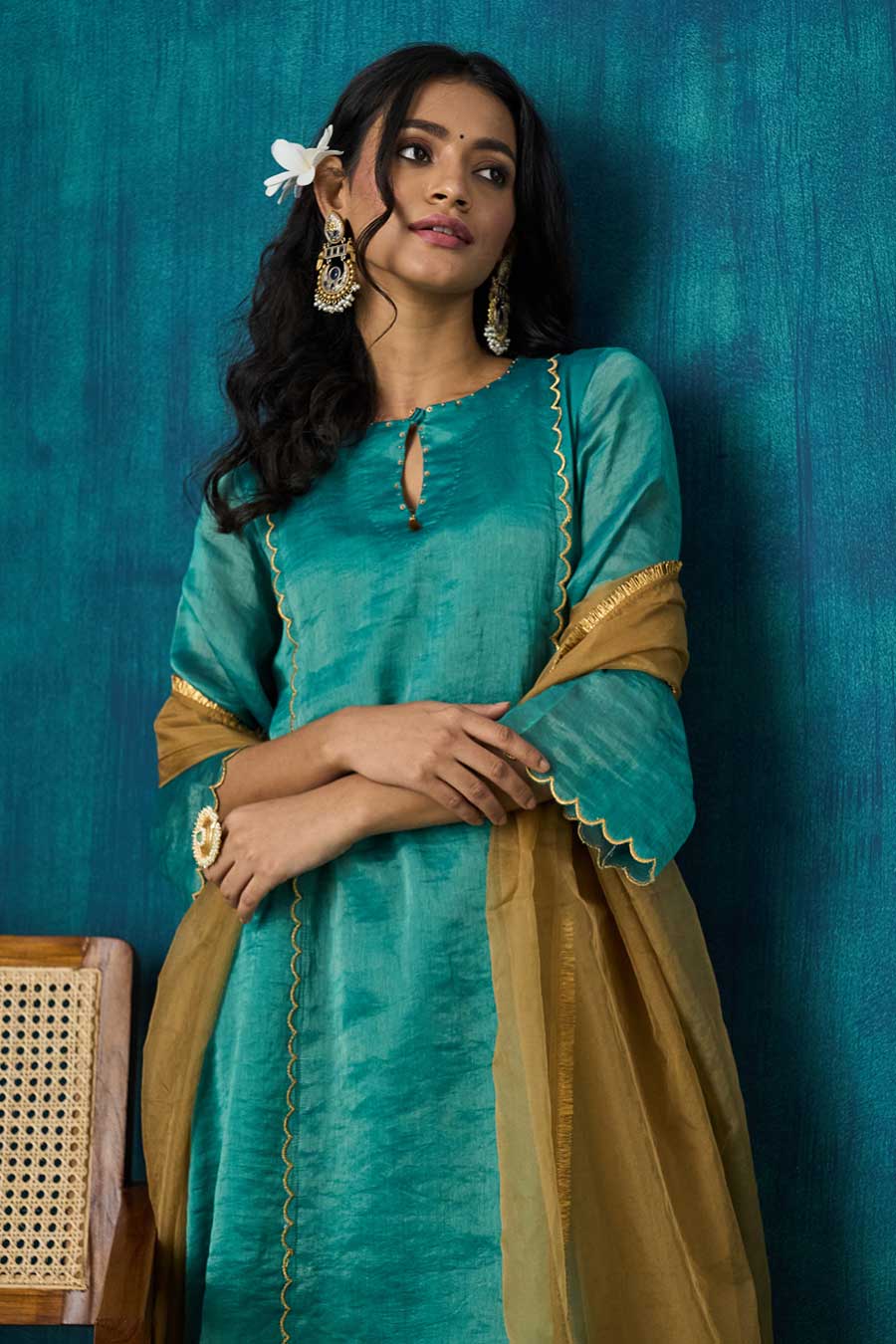 Teal Blue Zari Stripe Advika Kurta Set
