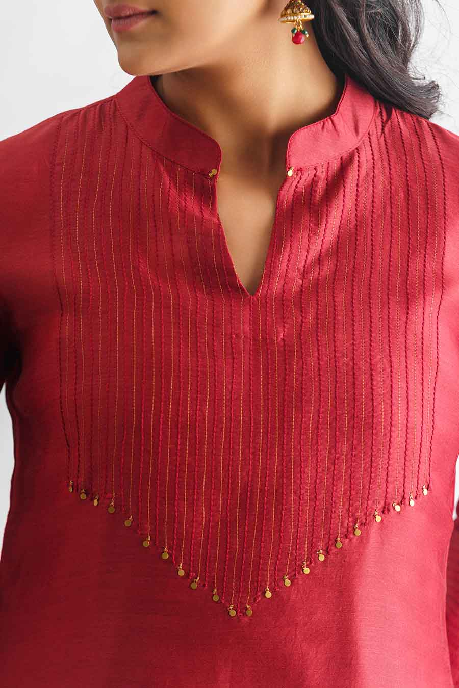 Maroon Threadwork Kurta With Slip