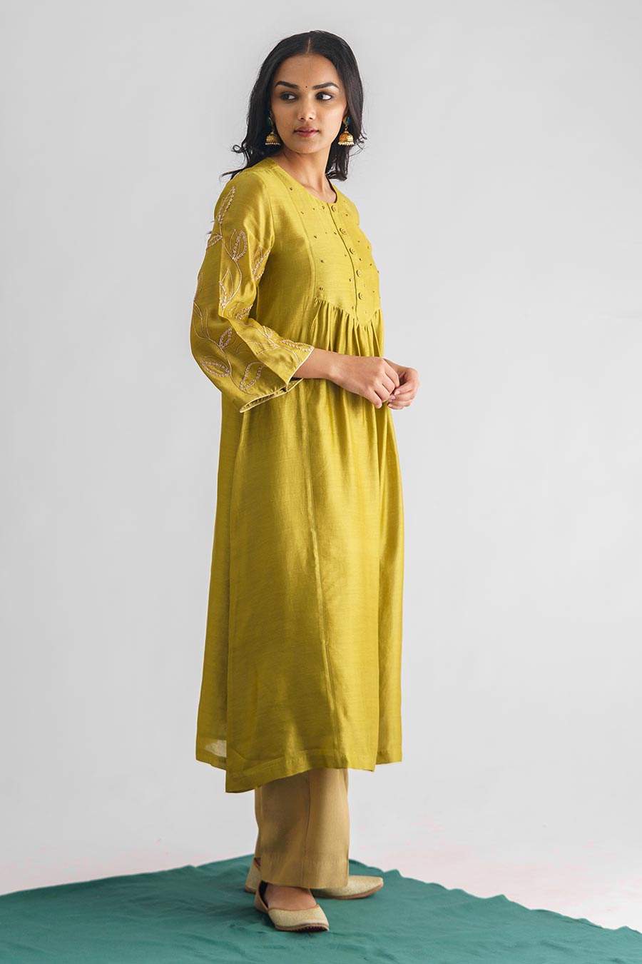 Lime Green Dori Embroidered Kurta With Slip
