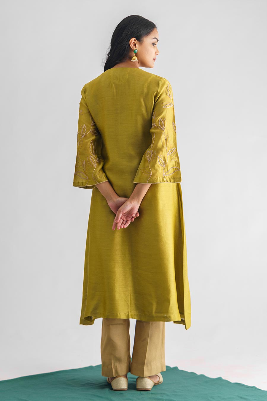 Lime Green Dori Embroidered Kurta With Slip