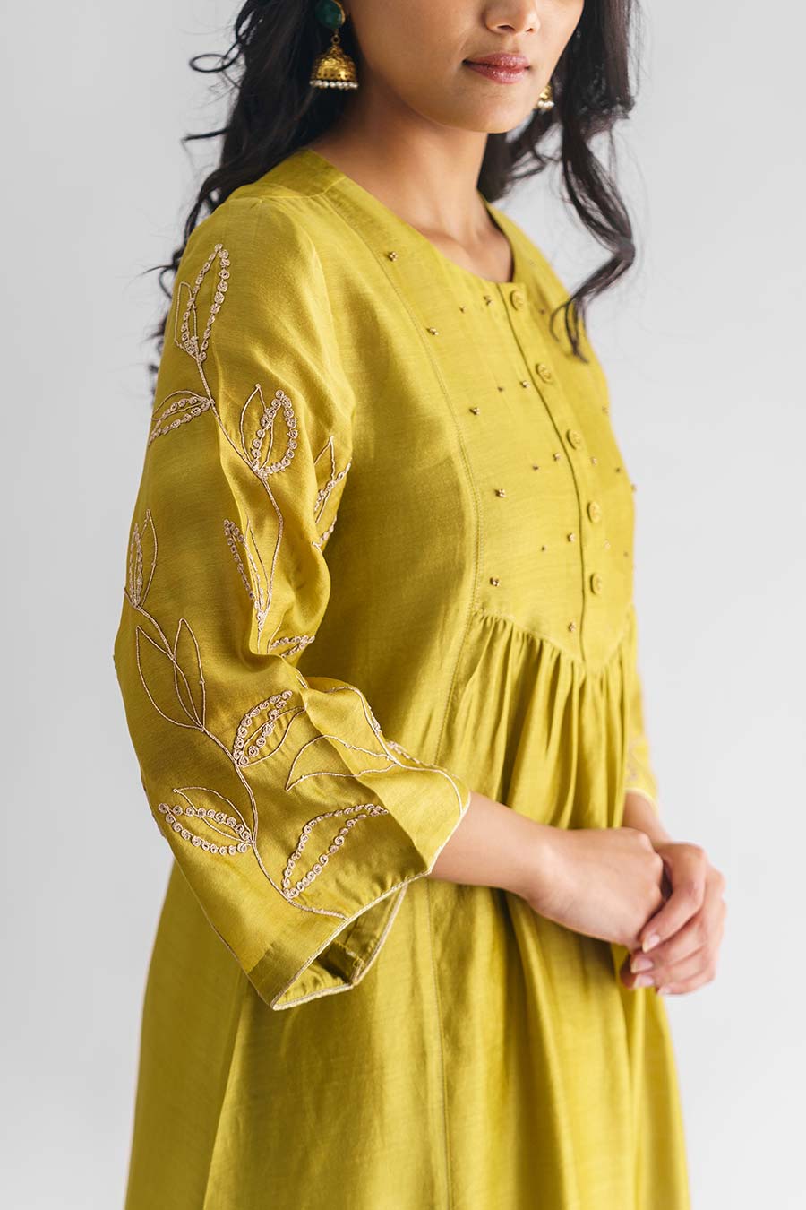 Lime Green Dori Embroidered Kurta With Slip