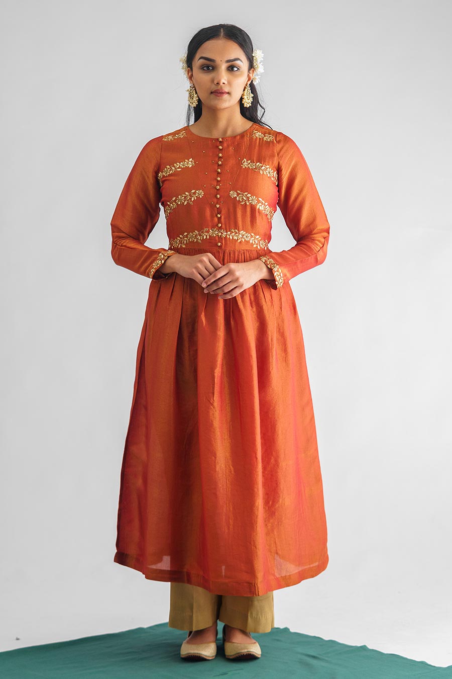 Rust Orange Floral Embroidered Anarkali & Pant Set (Set of 2)