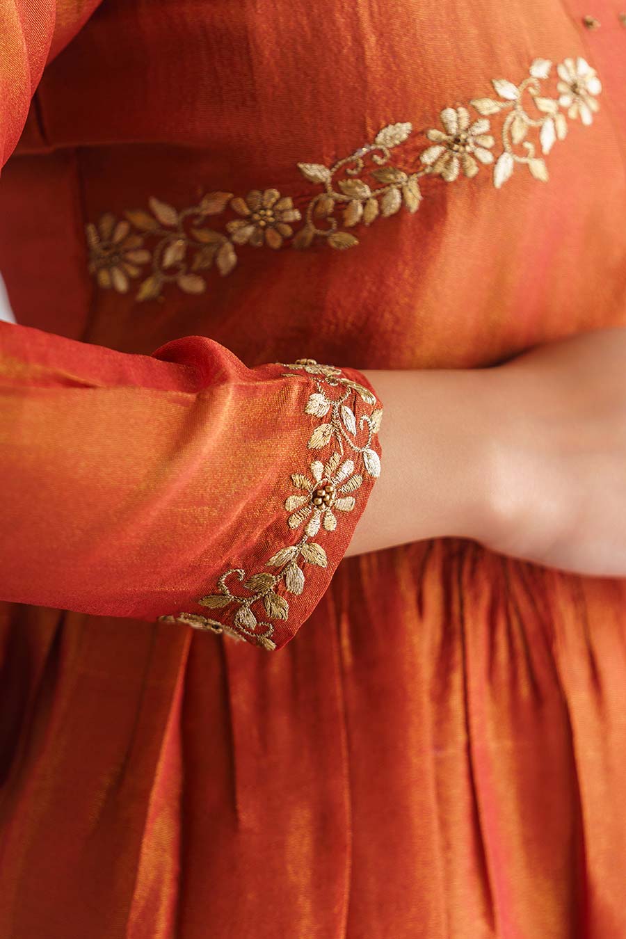 Rust Orange Floral Embroidered Anarkali & Pant Set (Set of 2)