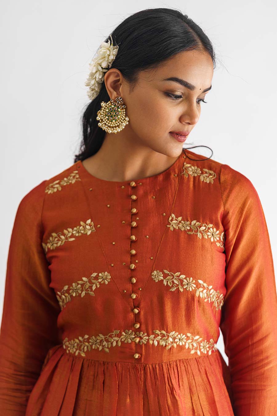 Rust Orange Floral Embroidered Anarkali Kurta