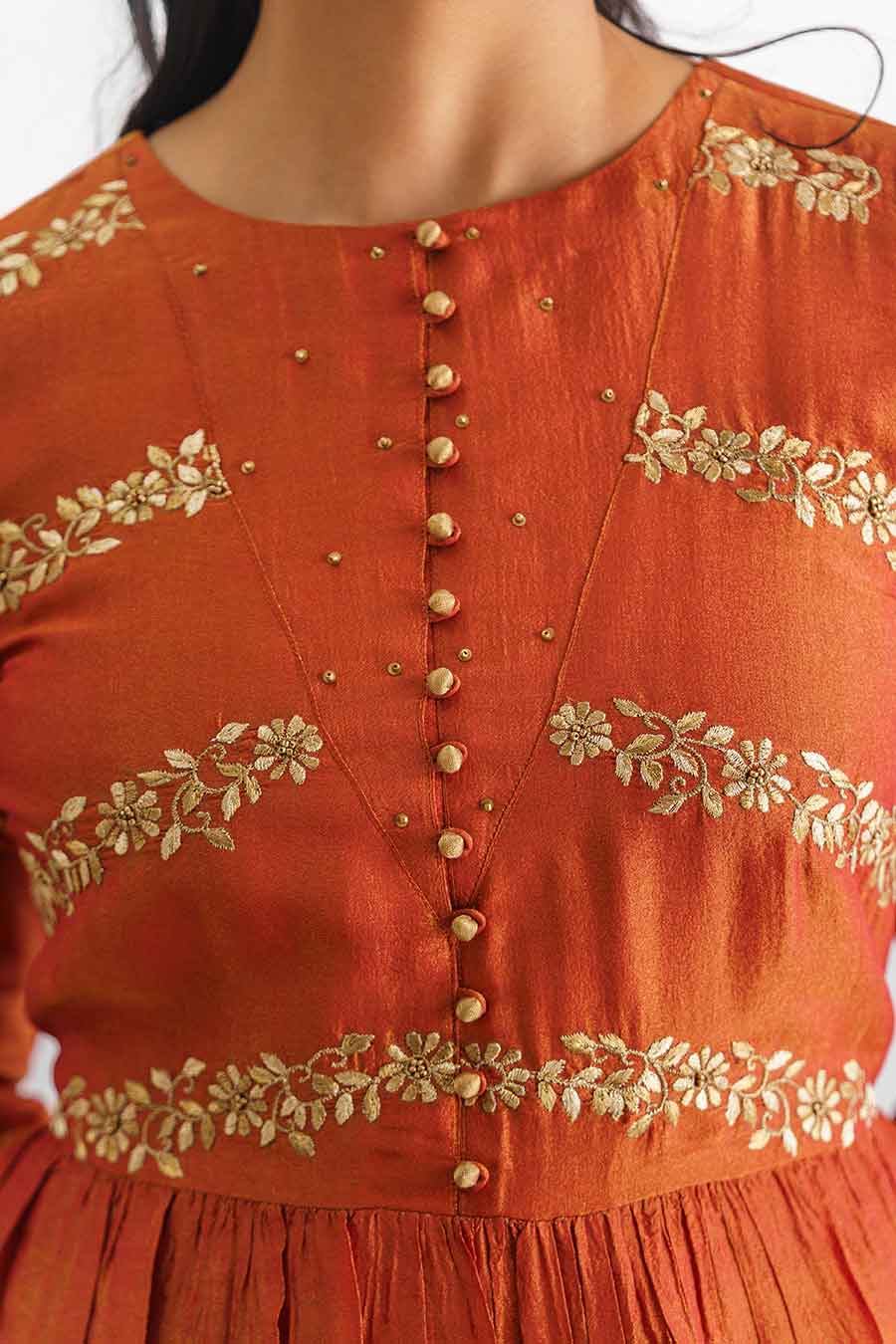 Rust Orange Floral Embroidered Anarkali Kurta