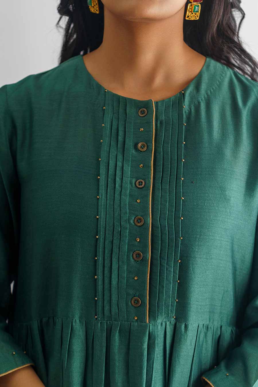 Bottle Green Bead & Sequins Embroidered Kurta With Slip