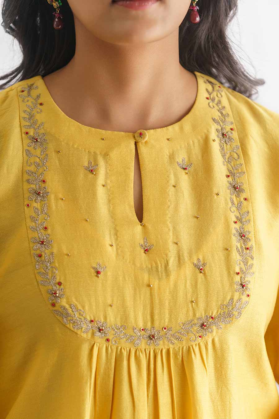 Yellow Gold Floral Embroidered Kurta With Slip