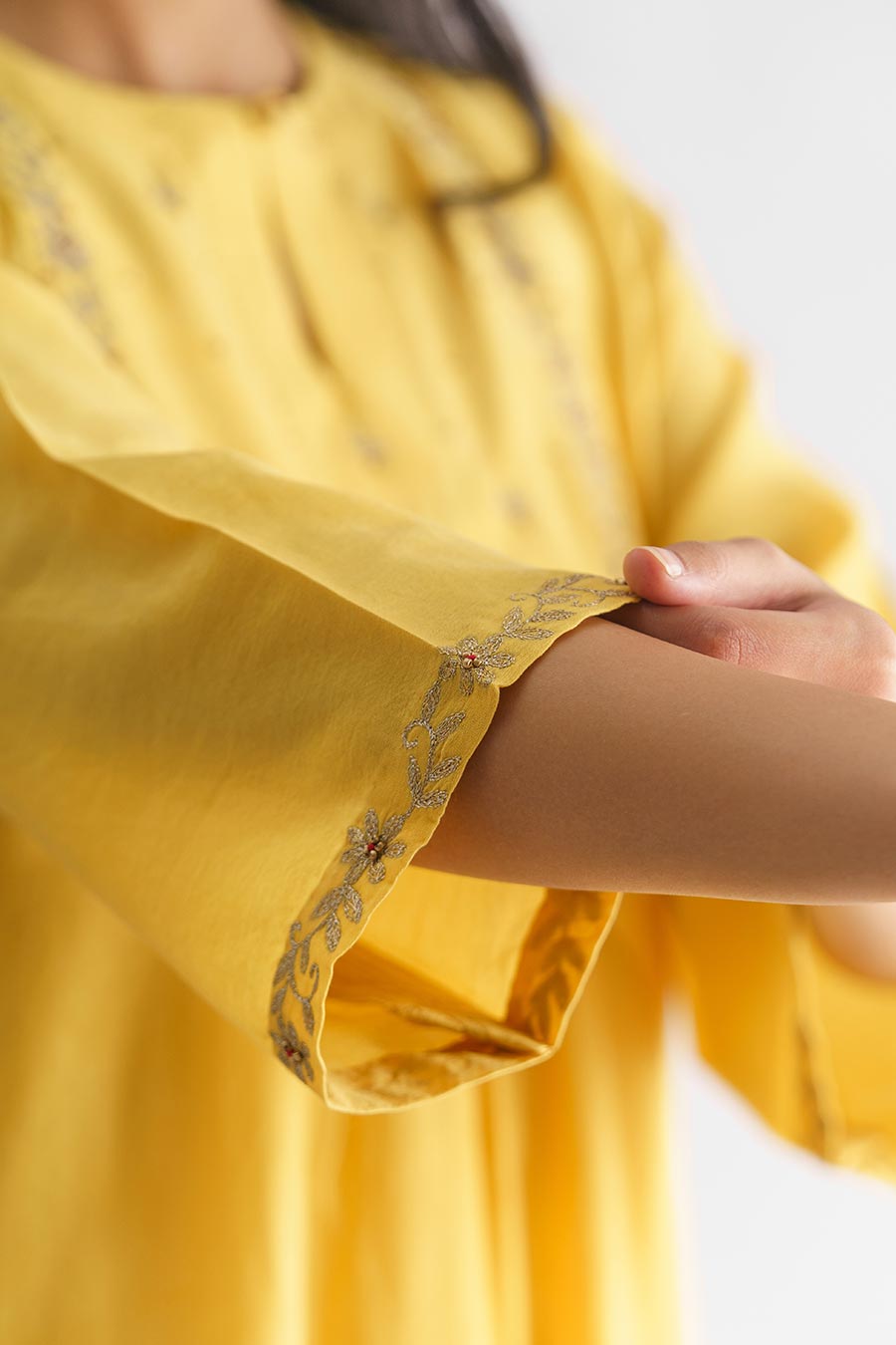 Yellow Gold Floral Embroidered Kurta With Slip