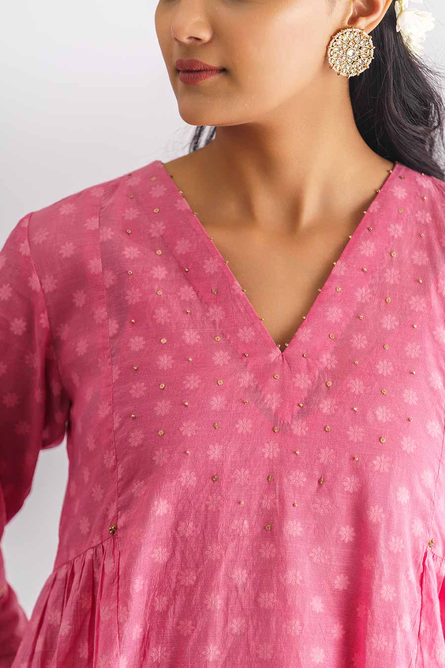 Pink Hand-Embroidered Kurta With Slip