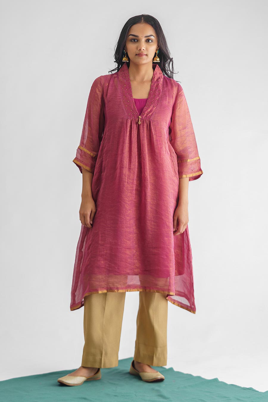 Plum Hand-Embroidered Zari Stripe Kurta & Pant Set (Set of 2)