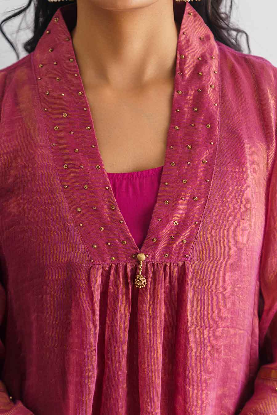 Plum Hand-Embroidered Zari Stripe Kurta With Slip