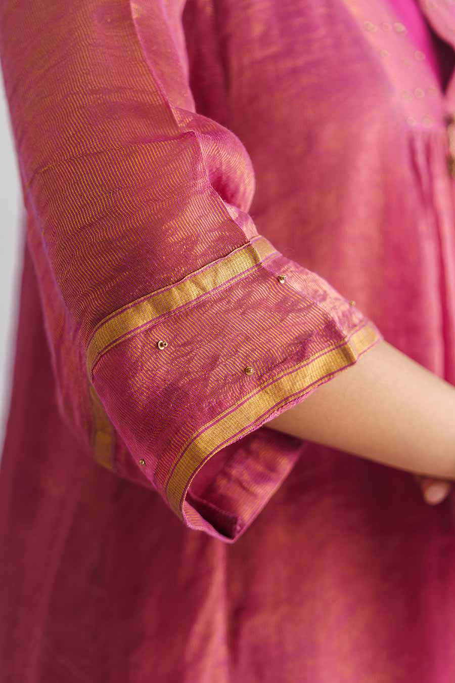 Plum Hand-Embroidered Zari Stripe Kurta With Slip