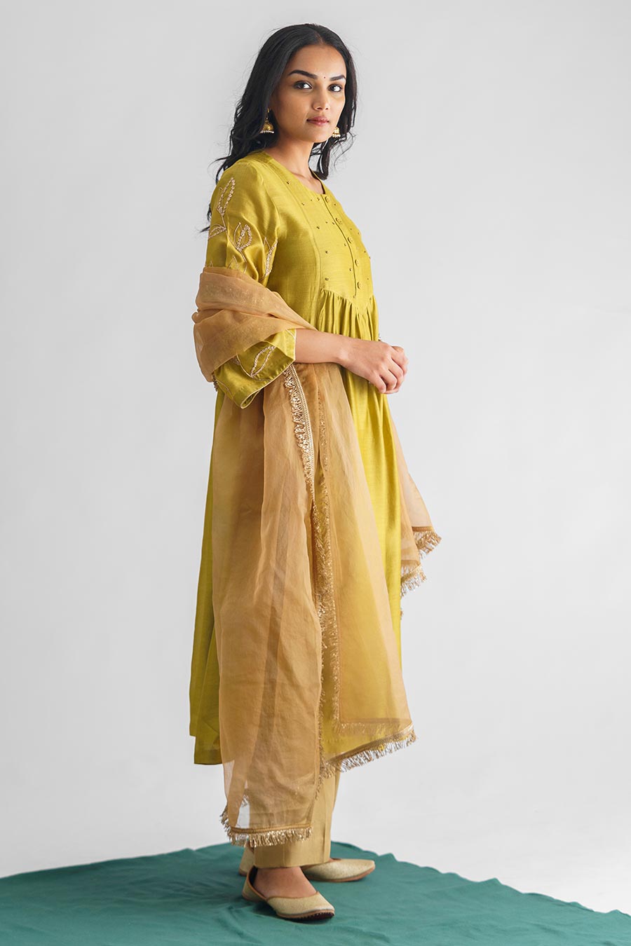 Lime Green Dori Embroidered Kurta Set (Set of 3)