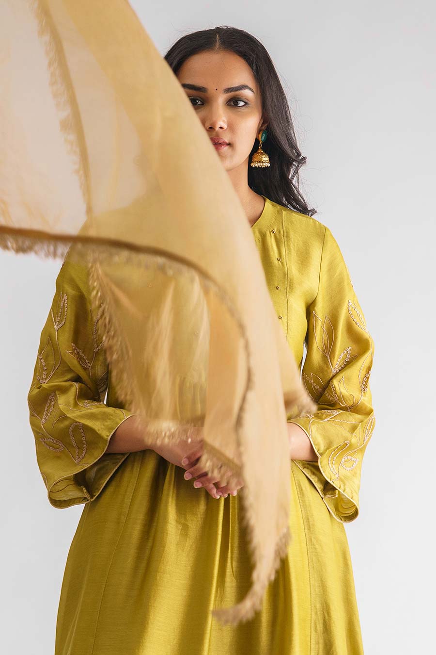 Lime Green Dori Embroidered Kurta Set (Set of 3)