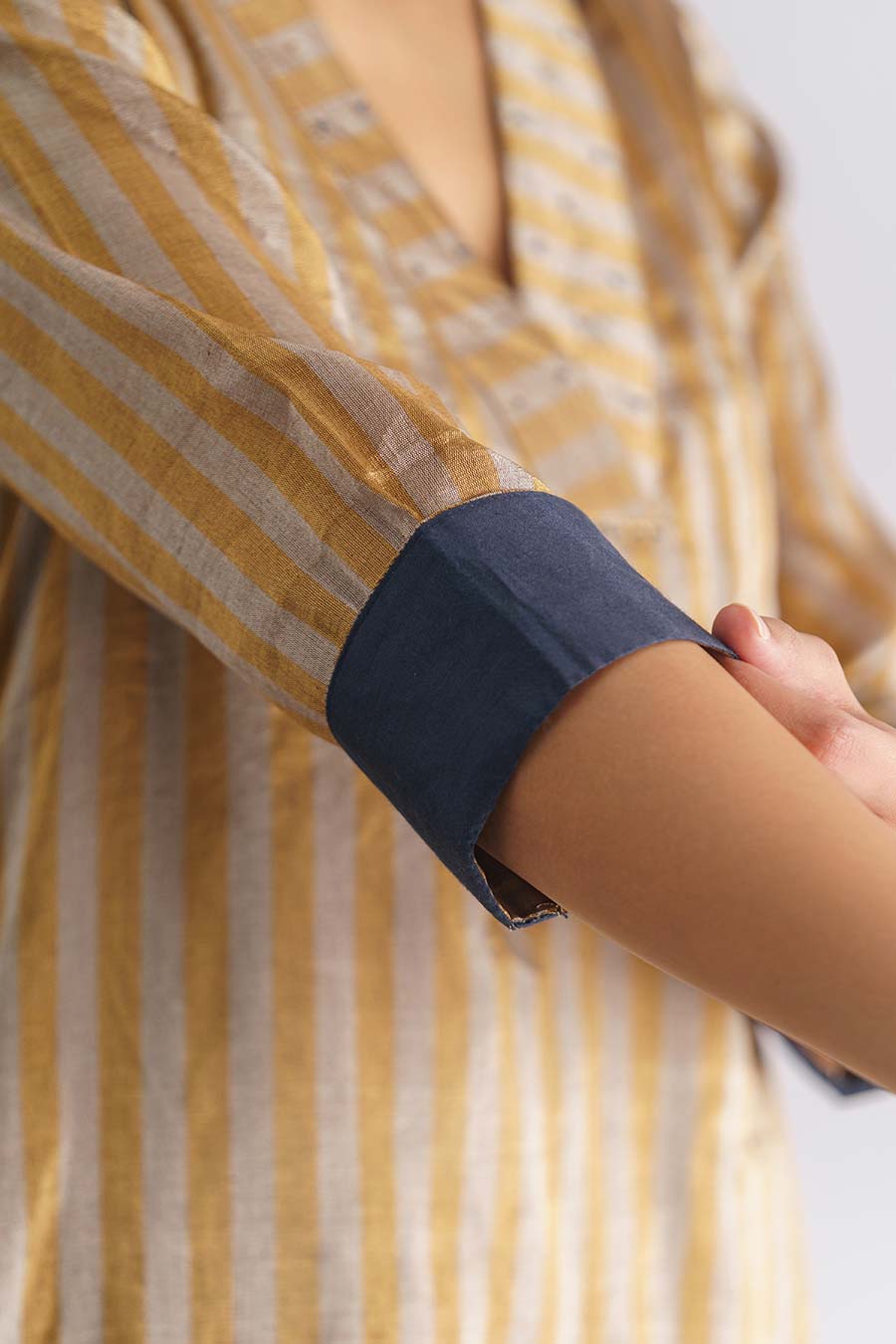 Grey & Gold Stripe Handwoven Kurta Set (Set of 3)