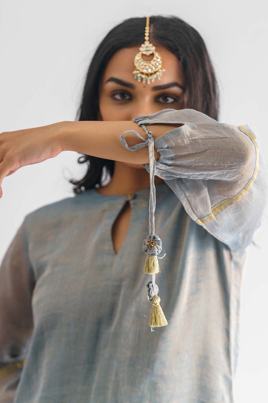 Powder Blue Zari Stripe Kurta Set (Set of 3)