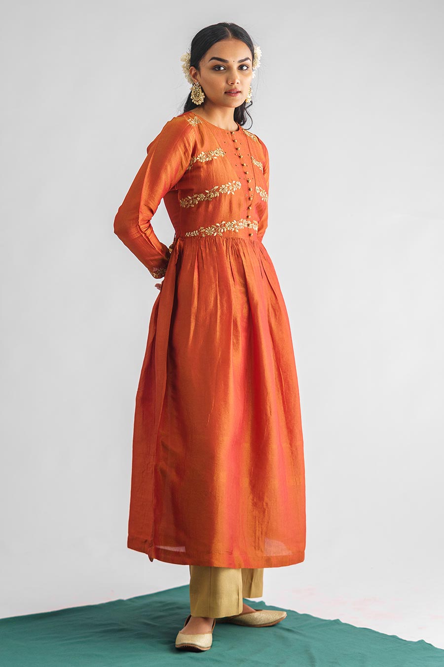 Rust Orange Floral Embroidered Anarkali Set (Set of 3)