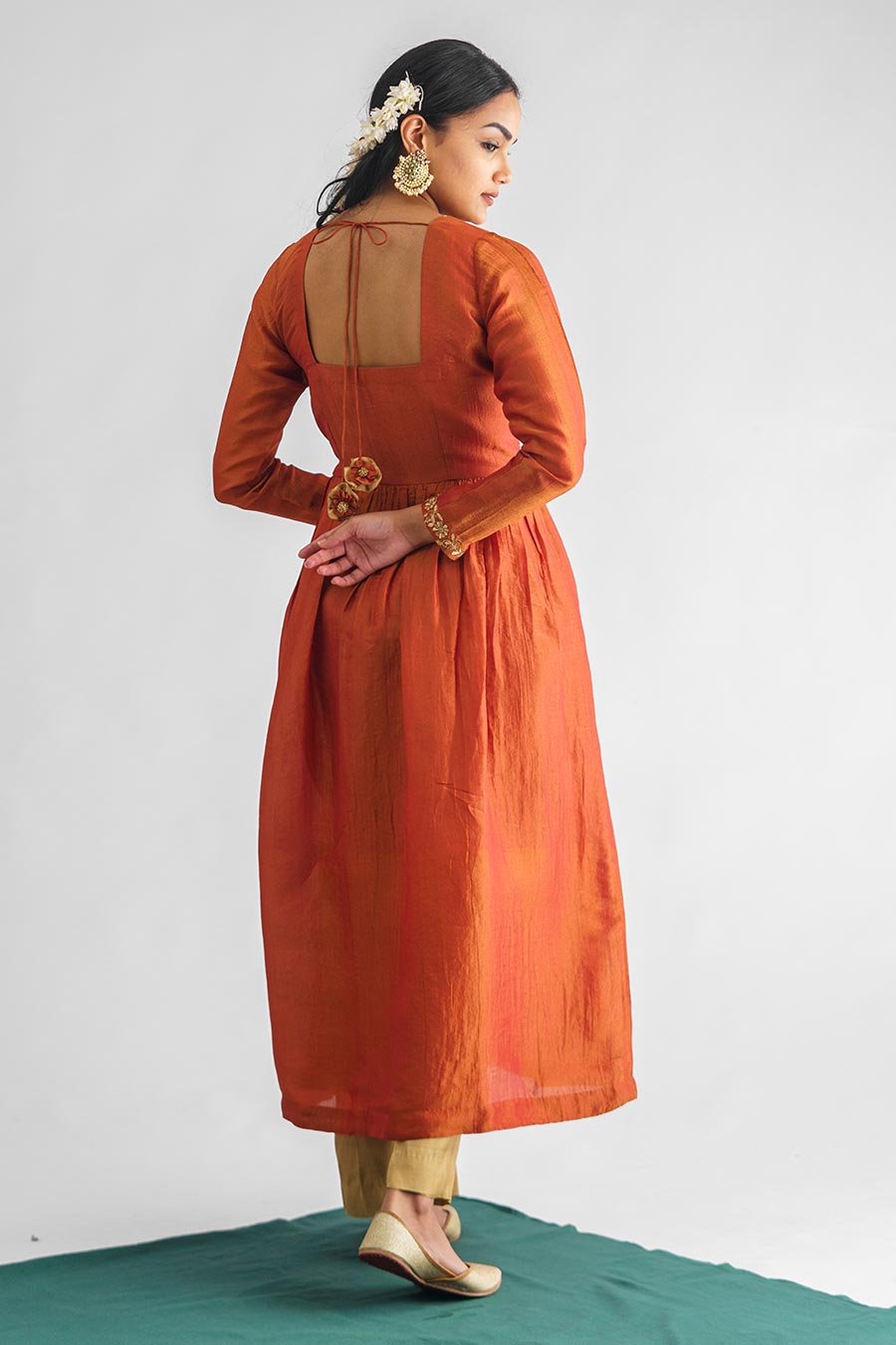 Rust Orange Floral Embroidered Anarkali Set (Set of 3)