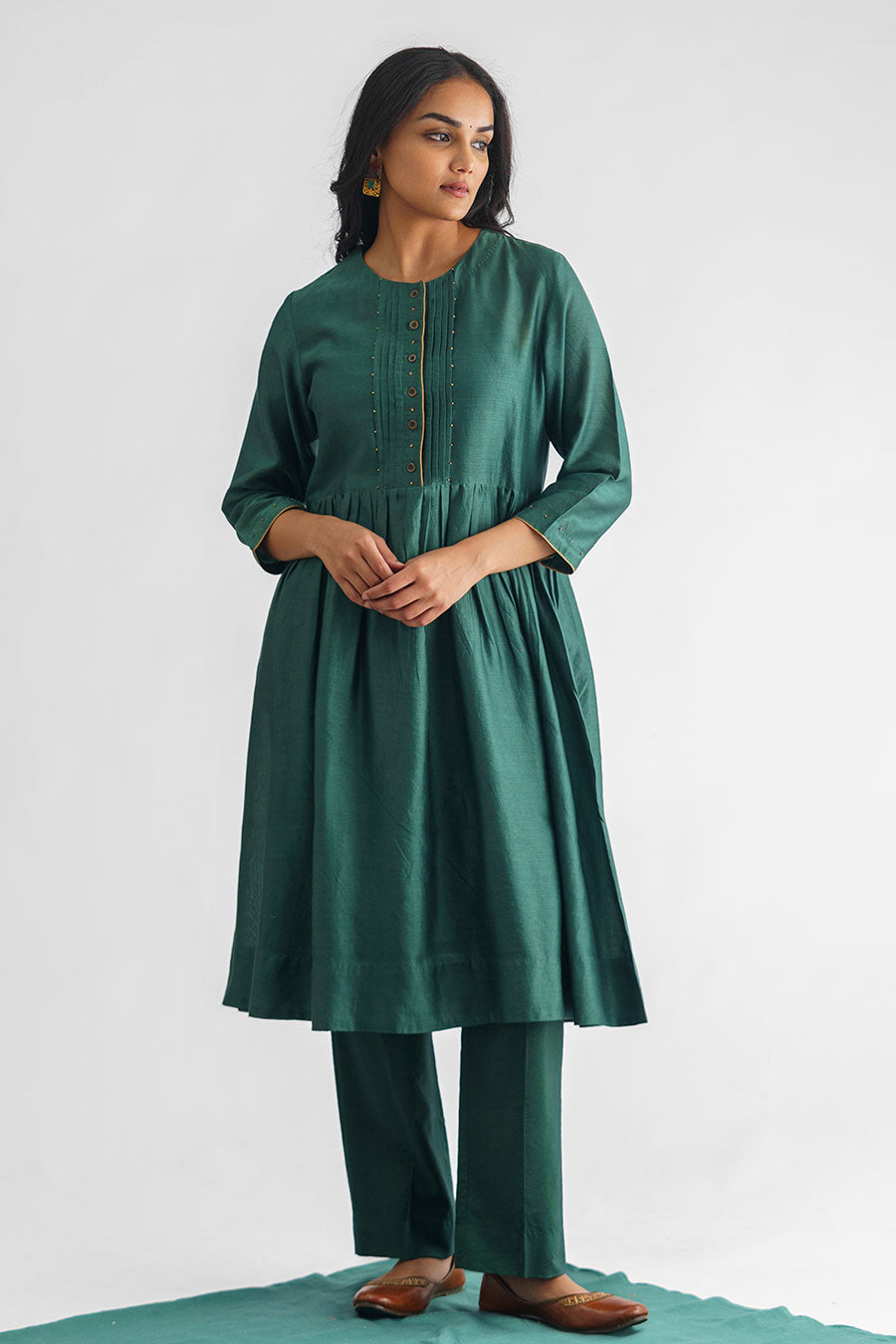 Bottle Green Bead & Sequins Embroidered Kurta Set (Set of 3)