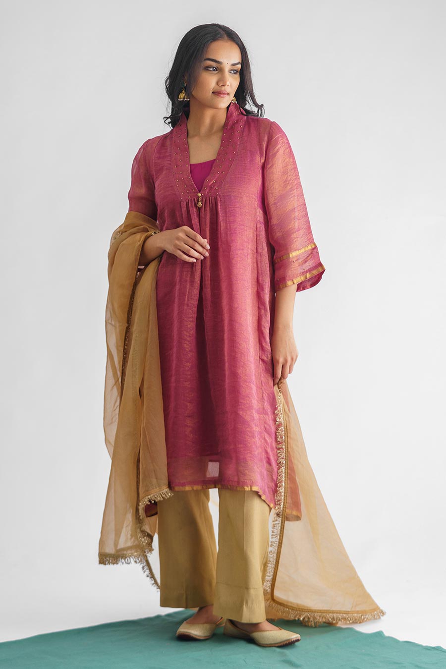 Plum Hand-Embroidered Zari Stripe Kurta Set (Set of 3)