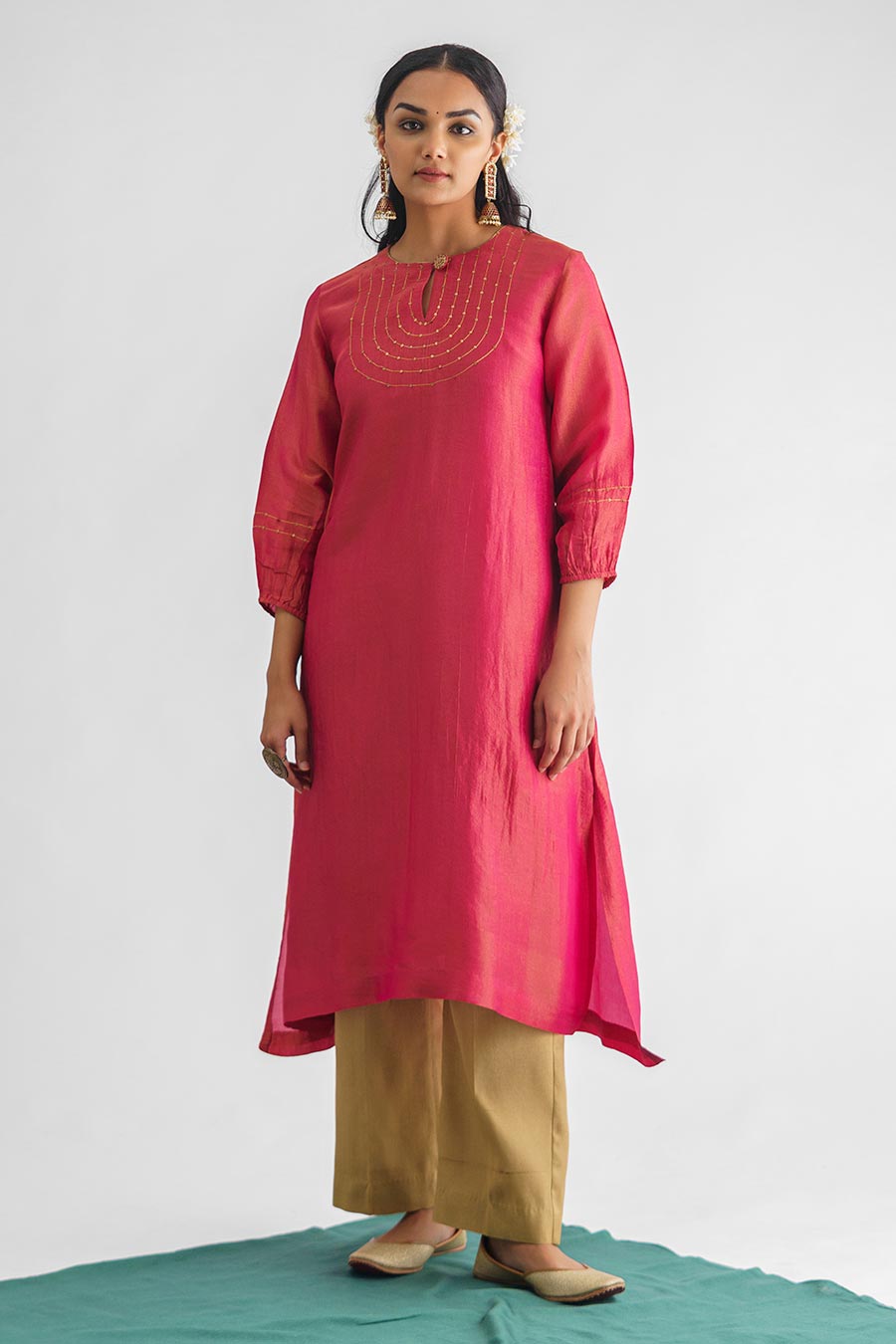 Pink Embroidered Kurta Set (Set of 3)
