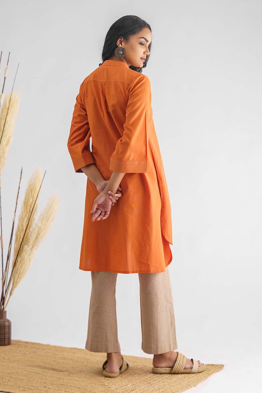Orange Stitch Detailed High-Low Tunic & Pant Set (Set of 2)