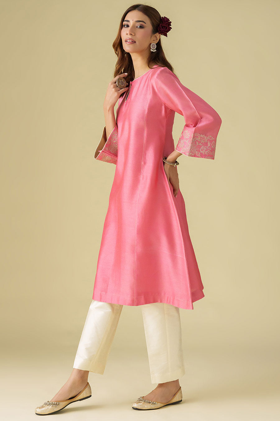 Pink Zari-Embroidered Kurta & Pant Set (Set of 2)