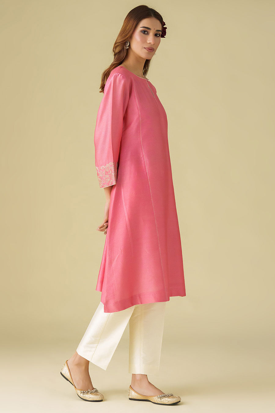 Pink Zari-Embroidered Kurta & Pant Set (Set of 2)