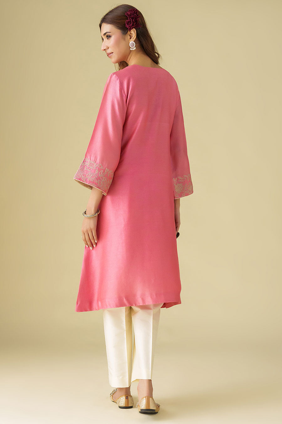 Pink Zari-Embroidered Kurta & Pant Set (Set of 2)