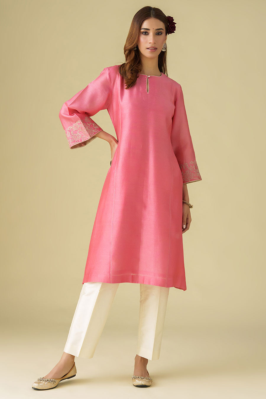 Pink Zari-Embroidered Kurta & Pant Set (Set of 2)