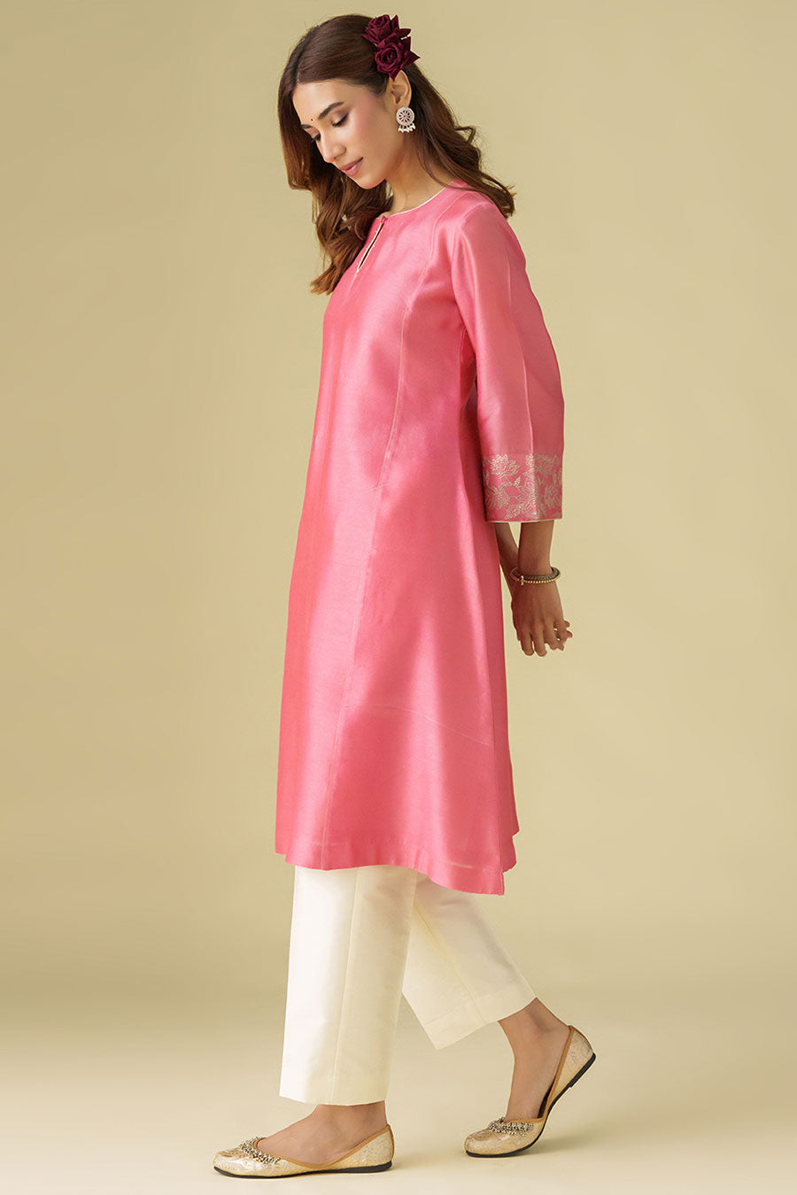 Pink Zari-Embroidered Kurta & Pant Set (Set of 2)